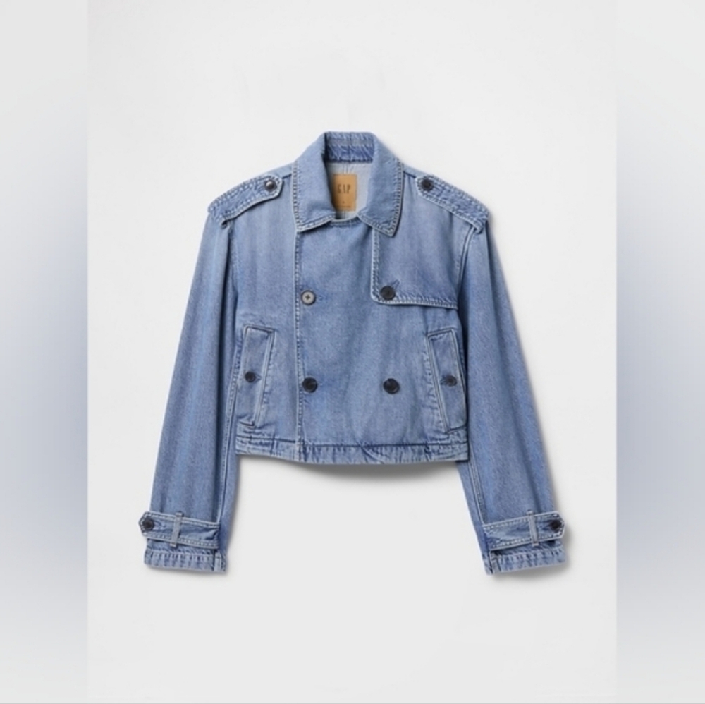 UltraSoft Denim Crop Trench Jacket Light Wash XSP - Picture 5 of 6